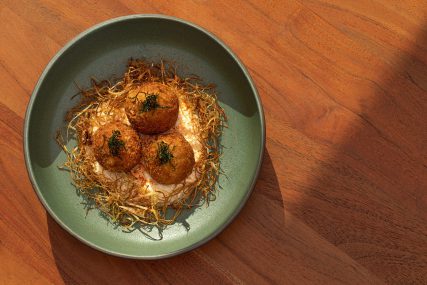 overhead view of nuri grill crab fritters